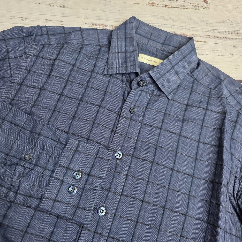 Etro Blue Textured Long Sleeve Button Down Round Cuff Shirt‎ Mens Size 39 Italy